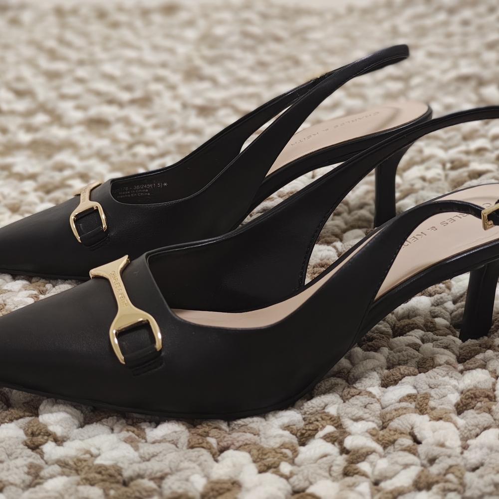 Charles & Keith Black Slingback Heels Gold Buckle Size 38 - Picture 3 of 6